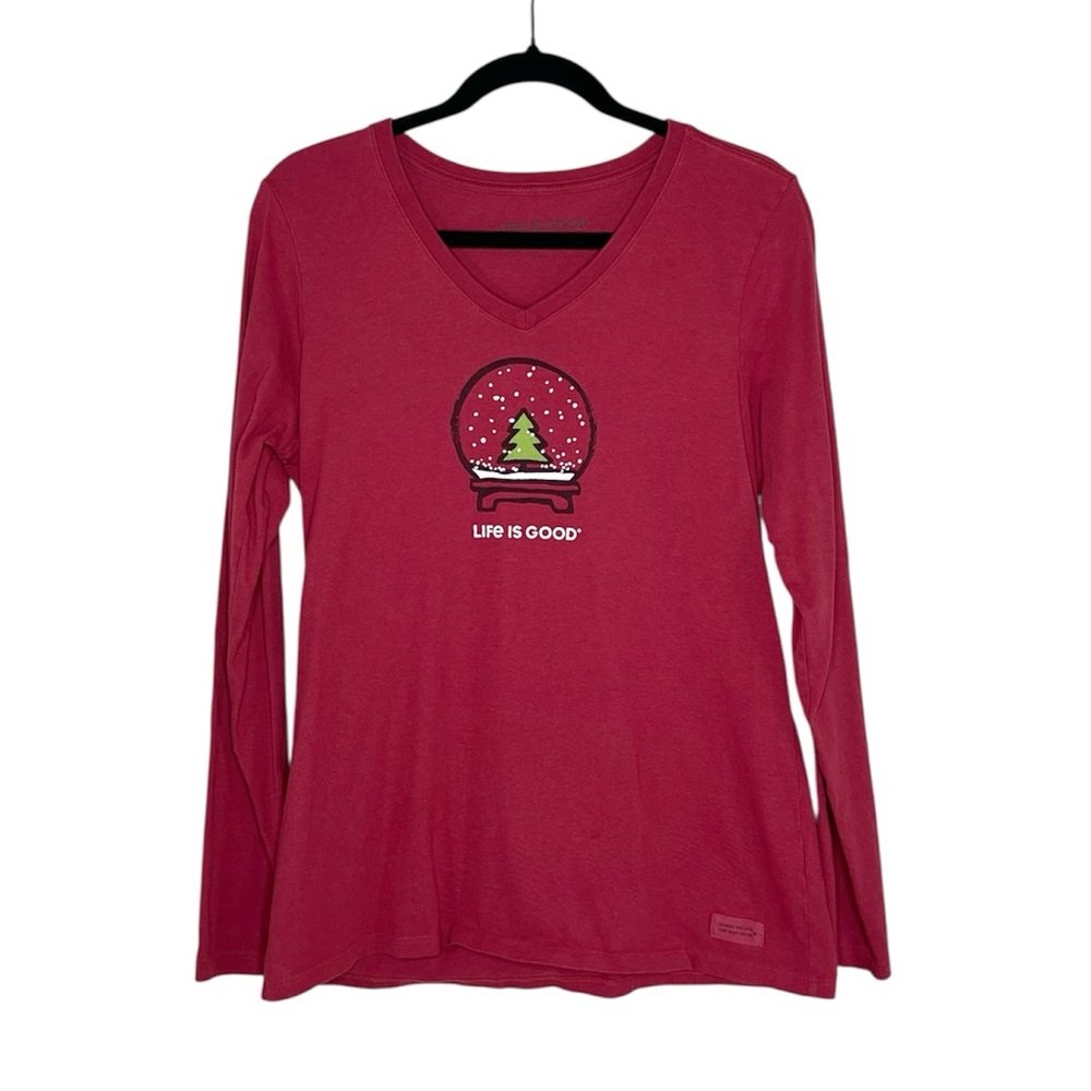 LIFE IS GOOD Snowglobe Christmas Long Sleeve V Neck Crusher Tee size Medium